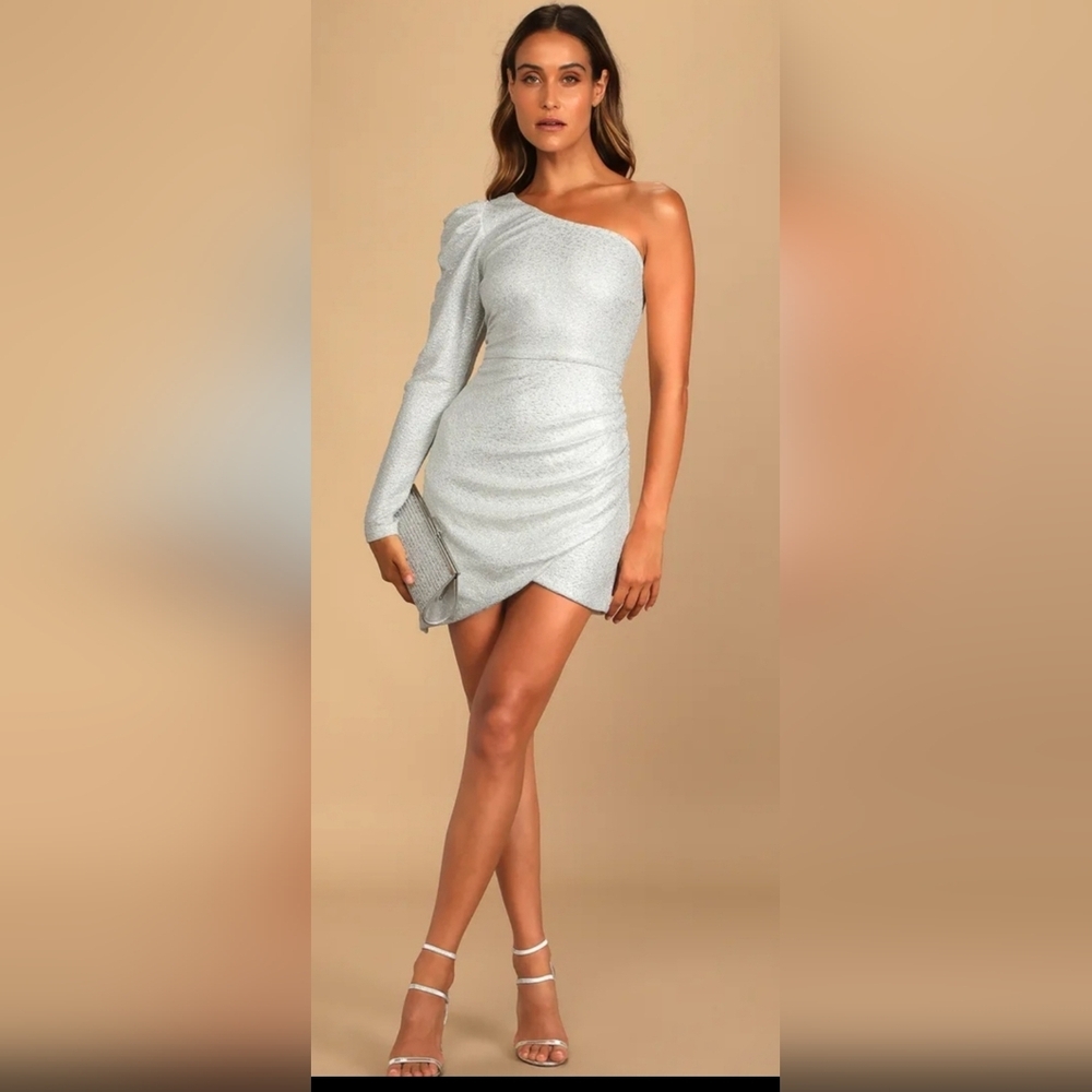 Lulus Brightly Shining Silver Metallic One-Shoulder Mini Dress size L NEW